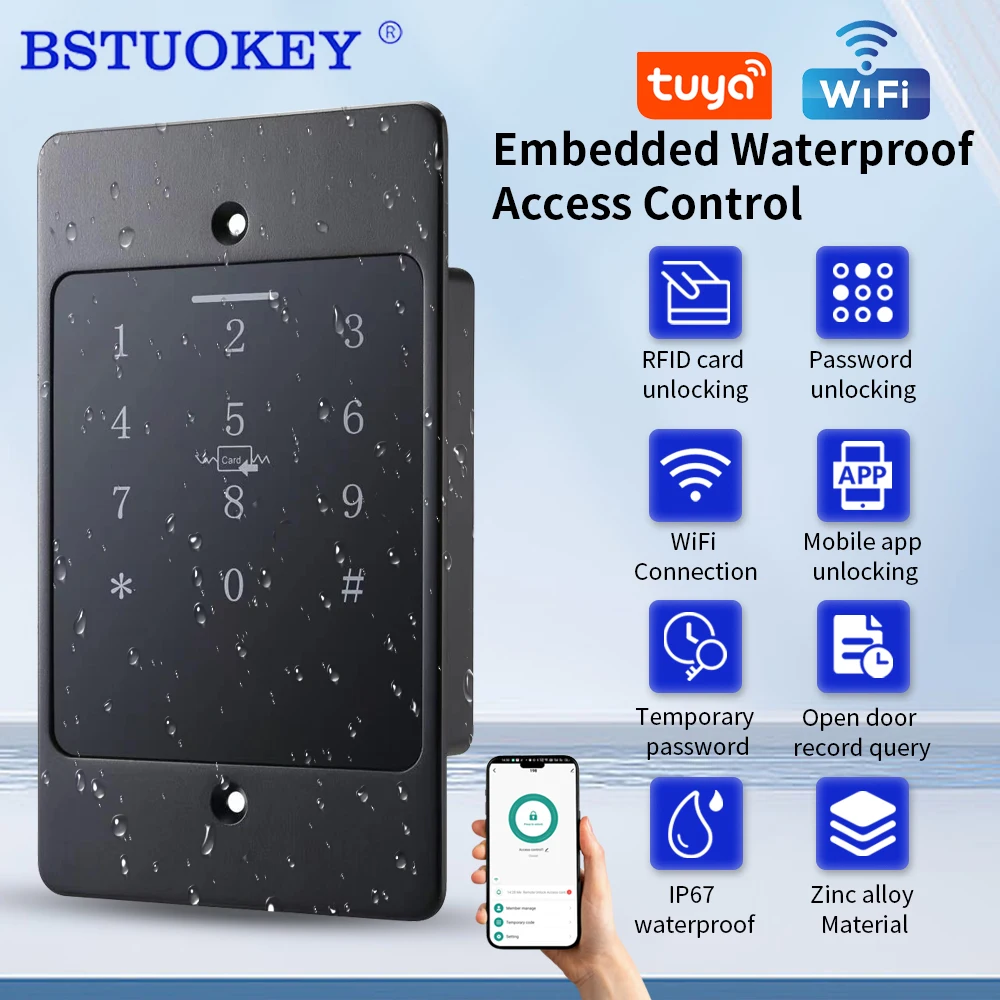 Tuya APP 2.4G WIFI Waterproof Backlight RFID Door Access Control Keyboard Card Reader Embedded Metal Keypad Access Controller