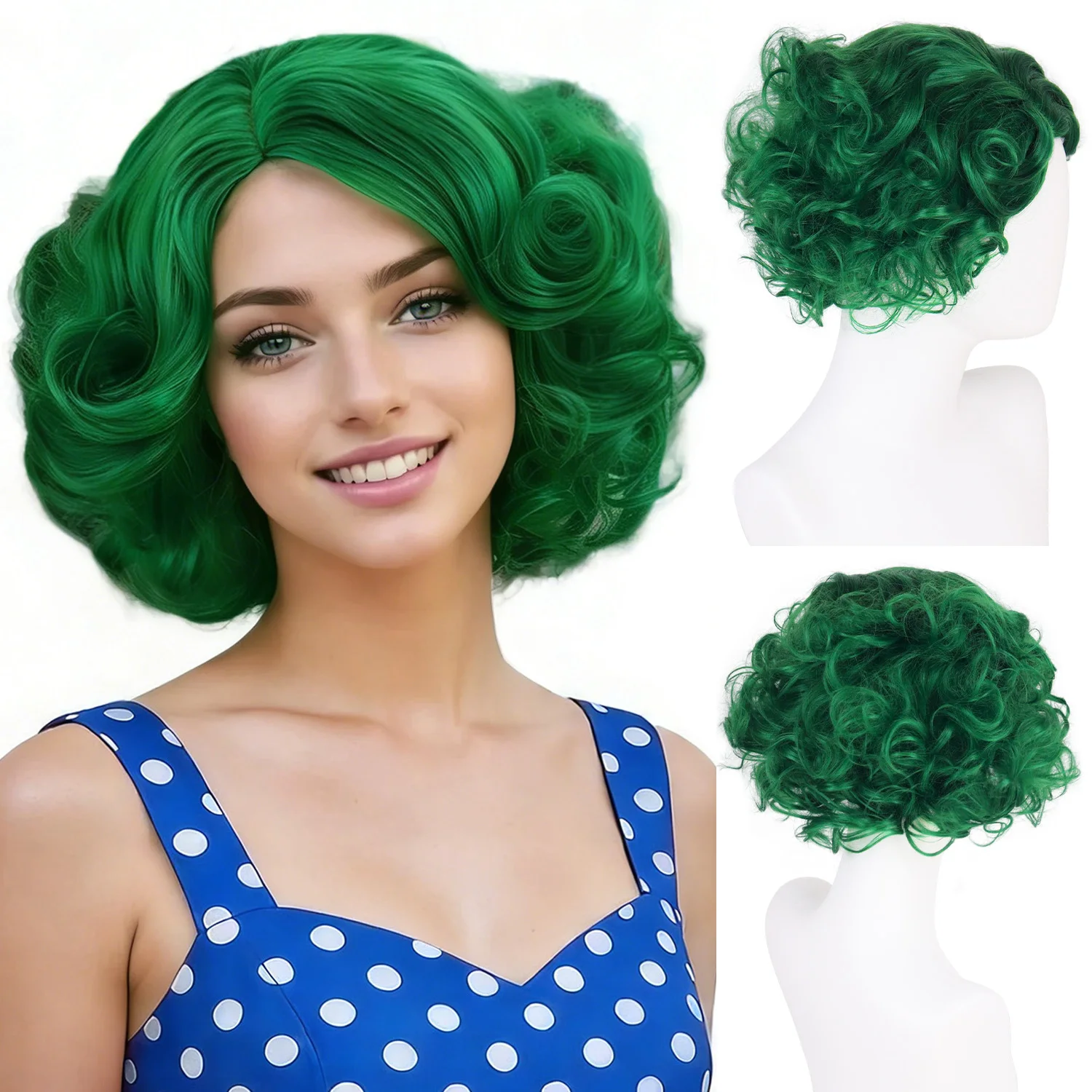 

Синтетические зеленые парики для женщин, короткий кудрявый парик-боб с челкой, парик на День Святого Патрика для костюмов, Хэллоуина, косплея, парики в стиле Лолита
