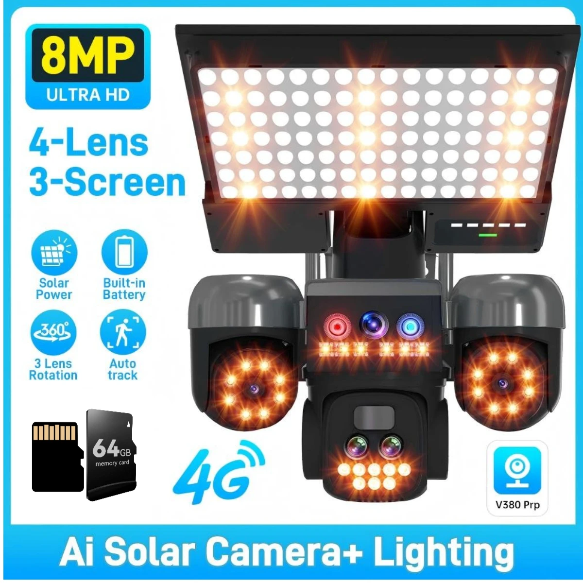 كاميرا CCTV تعمل بالطاقة الشمسية لتتبع التكبير التلقائي، 8 ميجابكسل PTZ، كشف الإنسان، إنذار صفارة الإنذار والأضواء، محادثة ثنائية الاتجاه، لا حاجة إلى سلك
