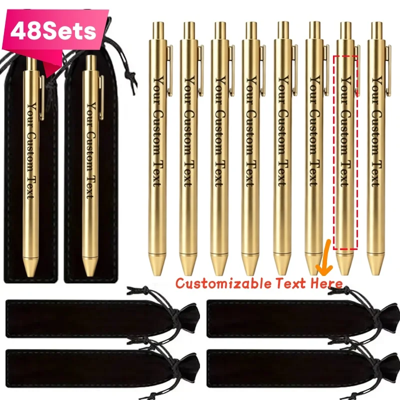 48PCS Golden Customizable Ballpoint Pen Set with Black Case Smooth Writing Promotional Office School Gift Pens Supplies