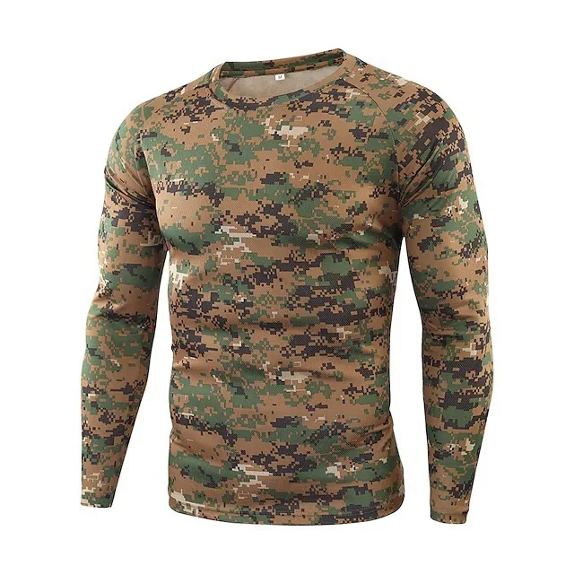 Camiseta de manga larga para hombre, camisa con estampado 3D de camuflaje para deportes al aire libre, Fitness, cuello redondo, ropa para correr