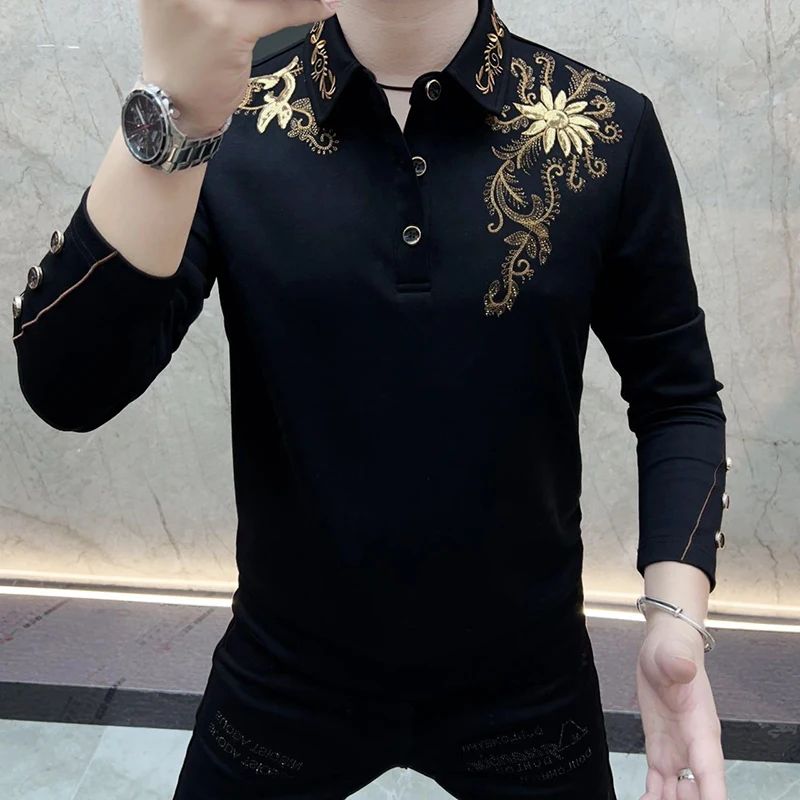 

Мужская толстовка Brand Spring с золотой вышивкой, с длинным рукавом, повседневный пуловер, с отложным воротником, для уличного стиля, мужская одежда