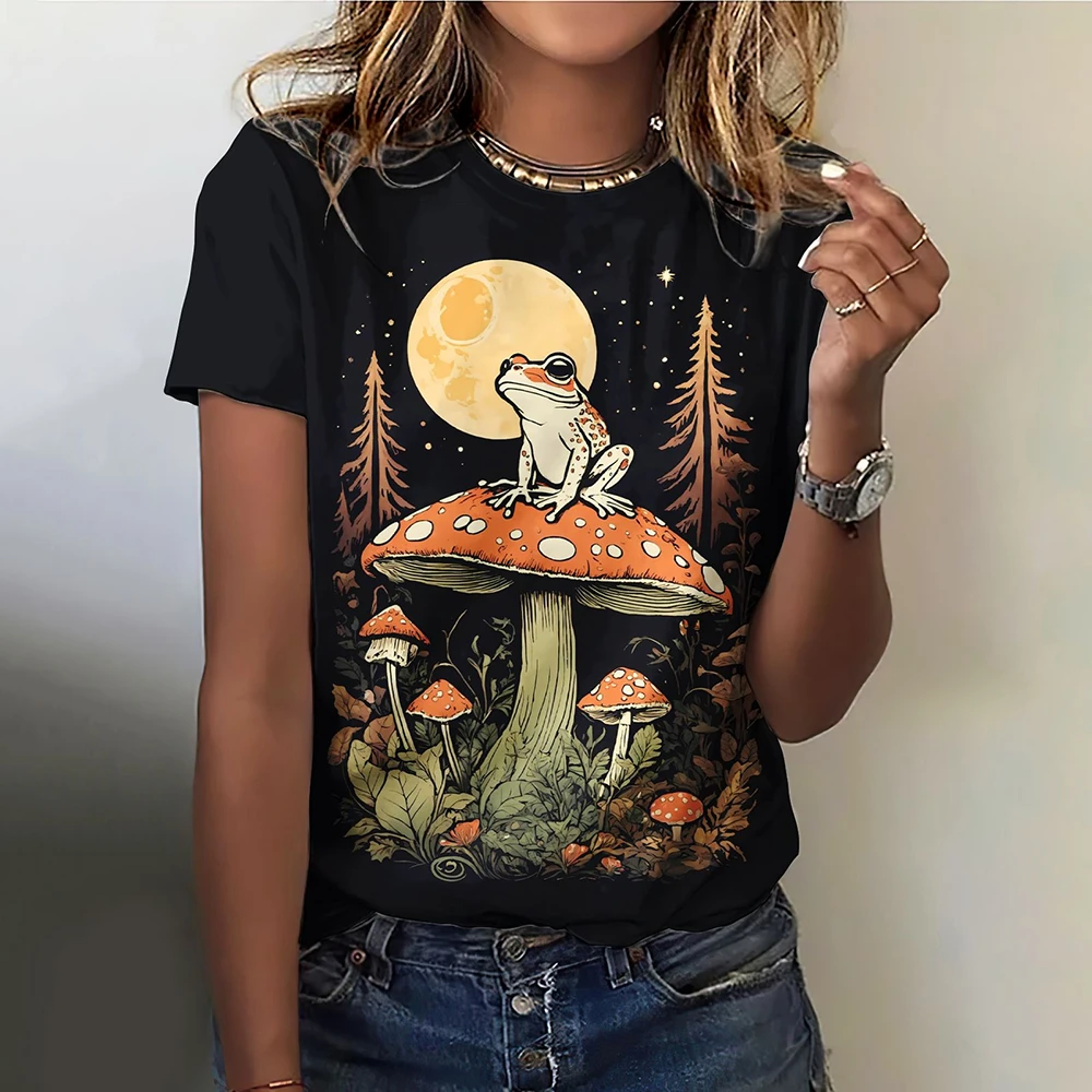 Funny Women\'s T-shirts Skulls Print Casual O-neck Short Sleeves Female Clothing Tops Mushroom Pattern Loose Tees Streetwear