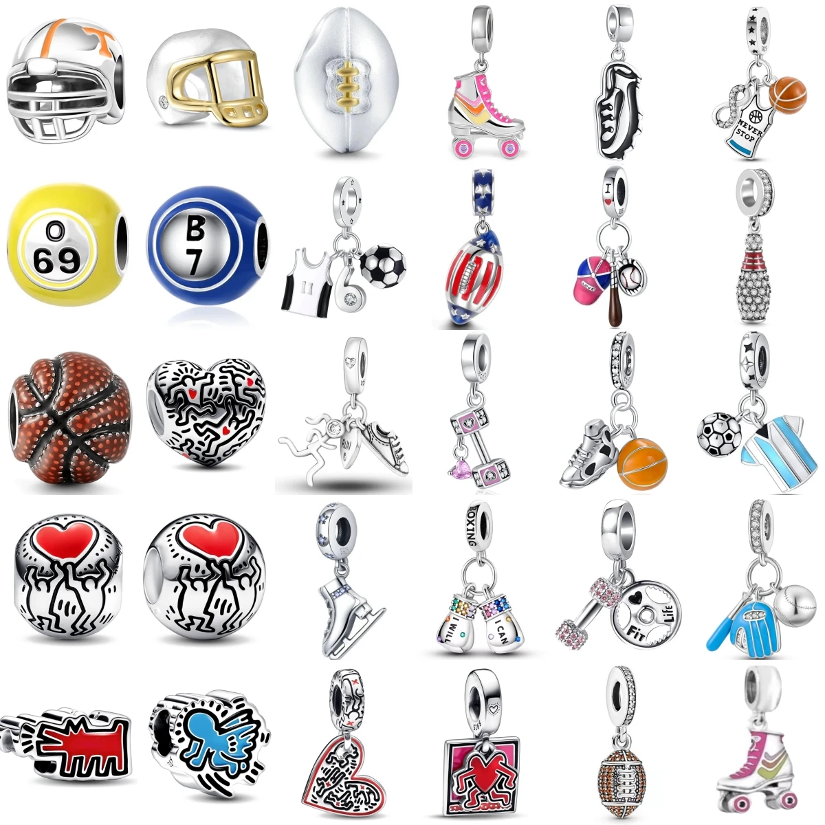 

2025 Hot Sale 925 Silver Sports Series Basketball Rugby Roller Skates Charms DIY Dangle Beads Fit Bracelet Necklace Jewelry