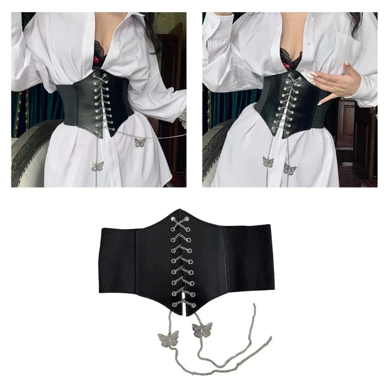 Elastische korset tailleriem voor dames, brede elastische stropdas Waspie riem voor jurken Bustier vlinderketting tailleriem