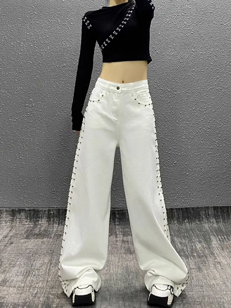 

Fashion Women's Beaded Straight Pants Baggy High Waist Zipper Pockets All-match Trousers Female Y2k Lady Streetwears