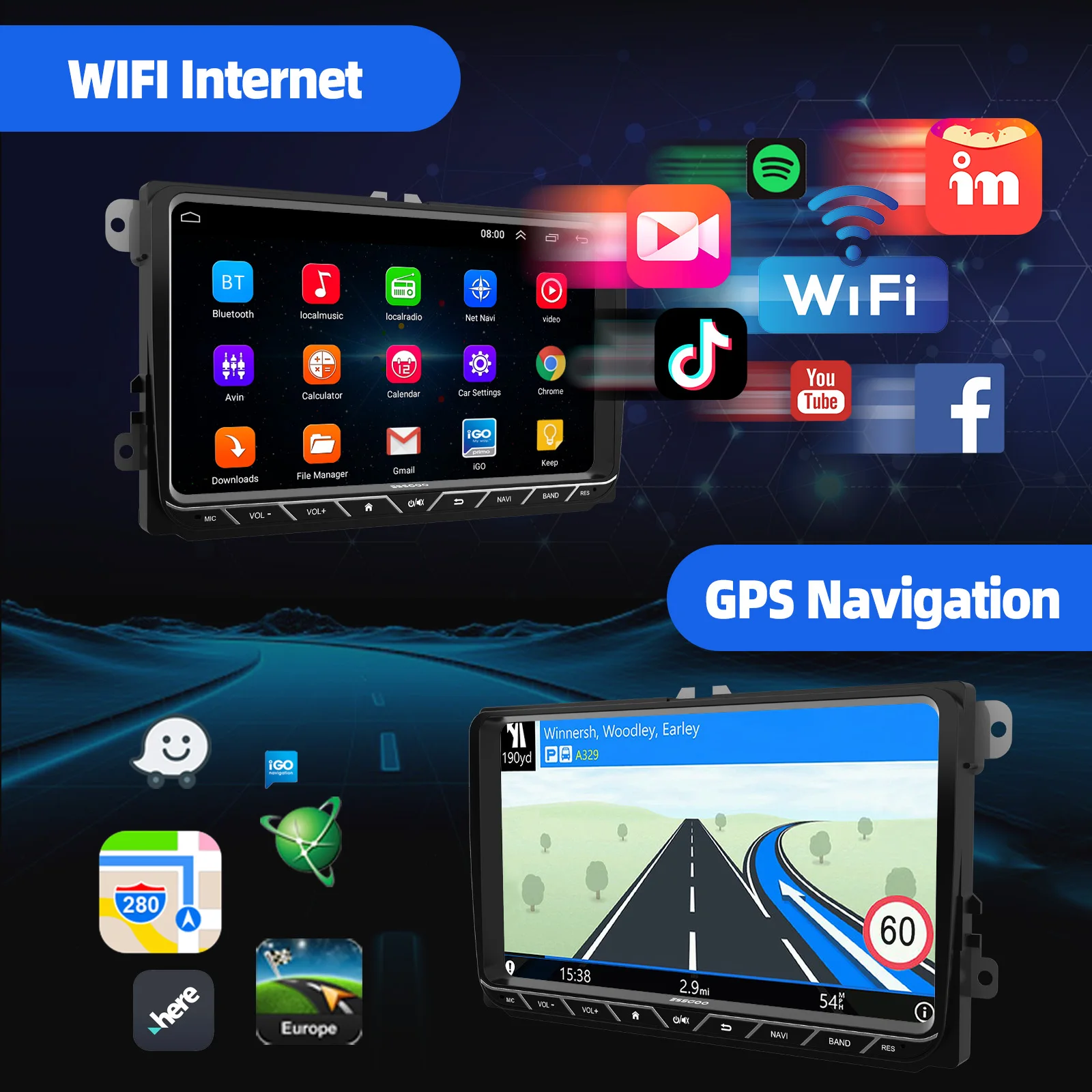 Autoestéreo ESSGOO Android15 9" 4+64G/6+128G para VW Tiguan Caddy EOS Jetta T5 Passat B6 B7 Polo 6R Golf 5 6 Touran Navegación GPS RDS WiFi 2+64G CarPlay Inalámbrico Android Auto Bluetooth FM Control de Volante Mirror 3
