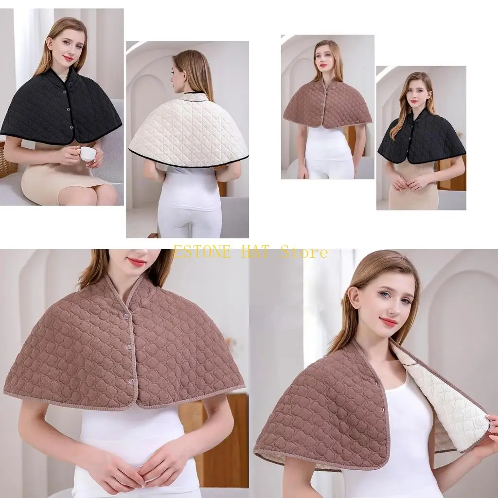 49mf-女性の冬のフリース裏地ポンチョケープコート暖かいソフトボタンフロントキルティングショールショルダーブレースラップショートマント