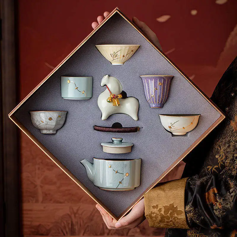 Ceramic Tea Set Five Famous Kilns Gift Box Kung Fu Teaware Chinese Teapot Cups Home Decor Housewarming Present