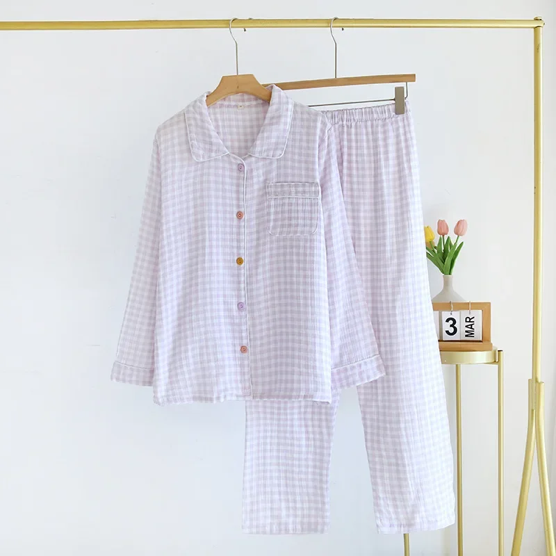 2024 Spring/Summer New Women\'s Sleepwear Long Set 100% Cotton Plaid Long Sleeve Long Pants Two Piece Set Collar Home Clothes