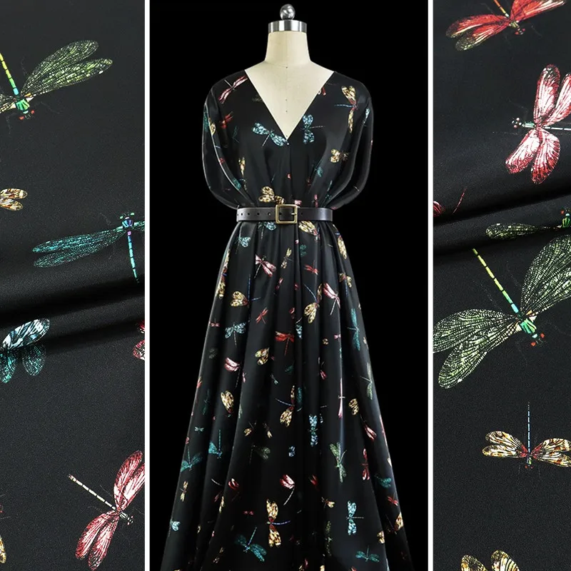 Black Bottom Dragonfly Animal Printing Elastic Satin Natural Mulberry Silk Fabric High End Luxury Clothing Dress Fabric By Yard