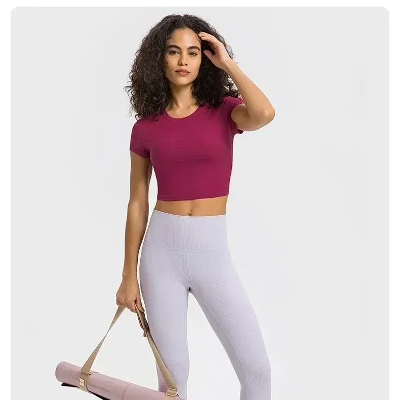 

Lemon O-neck Yoga Shirt Gym Sports Crop Tops Women Seamless Rib-Knit Fitness Running Vest Tank Top Female Fitness Clothes