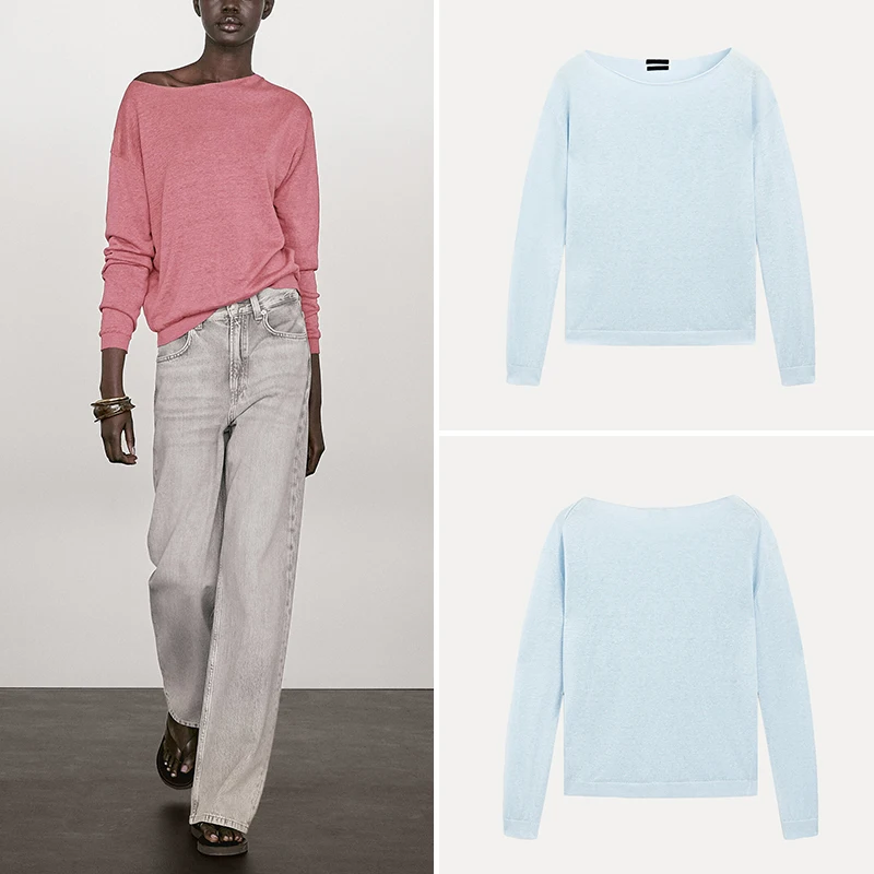 

Z Women's Faion Linen Knitwear Rose Red Boat Ne Pullover Summer 2025 Casual Comfortable Polyester Fiber Long Sve