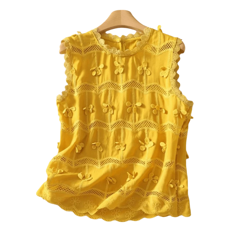 Rundhals-Top mit Spitzenstickerei, Atmungsaktives Lochmuster-Spitzenoberteil, Locker Geschnittenes Ärmelloses T-Shirt im Jugendstil – Detail 9