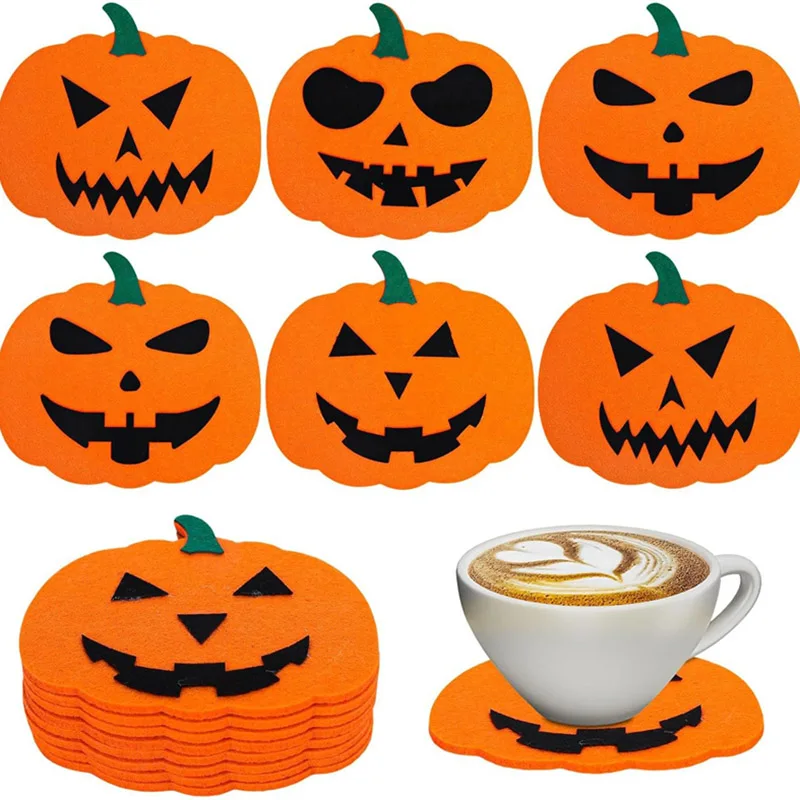 

6pcs/set Felt Pumpkin Coaster Halloween Bar Beverage Coaster Orange Black Anti Slip Heat-Resistant Coaster Party Decoration