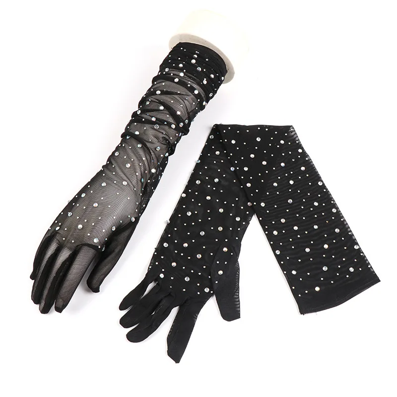 Sexy Black Silk Gloves 55cm Women\'s Thin Summer Driving Cycling Sun Protection Arm Sleeves Halloween Party Mesh Diamond Mittens