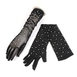 Sexy Black Silk Gloves 55cm Women's Thin Summer Driving Cycling Sun Protection Arm Sleeves Halloween Party Mesh Diamond Mittens