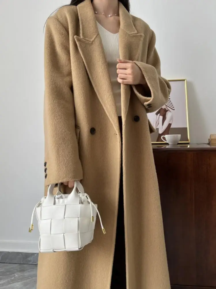 Office Lady Woolen Jackets 2024 Autumn And Winter Suit Collar Double Breasted loose Long Women\'s 100% Wool Coats