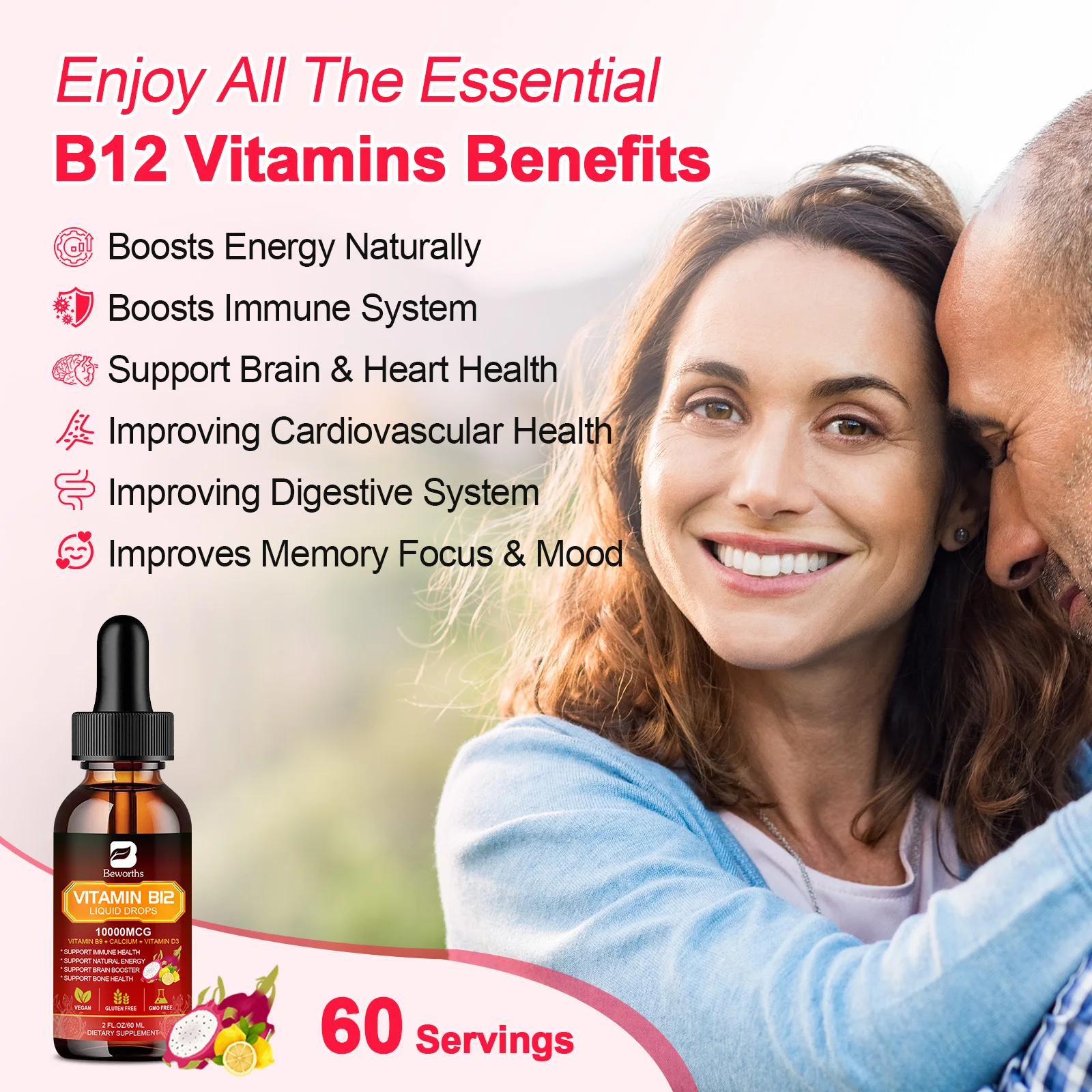 BEWORTHS Vitamin B12 and Vitamin D3 Drink Vitamin Complex Supplements Immune and Intestinal Digestive Health Brain &Heart Health