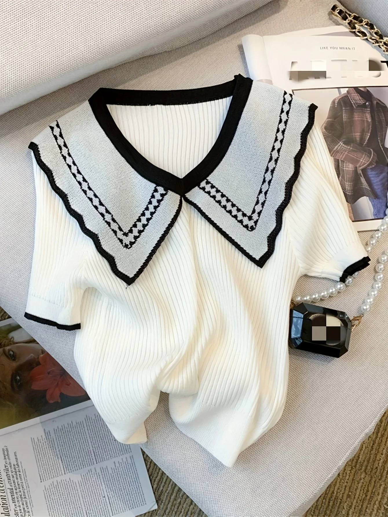 2024 New Summer Thin Colorblock Doll Collar Knitted Pullover Casual Short Sleeve Fitted Top Women's Clothing Crop Top