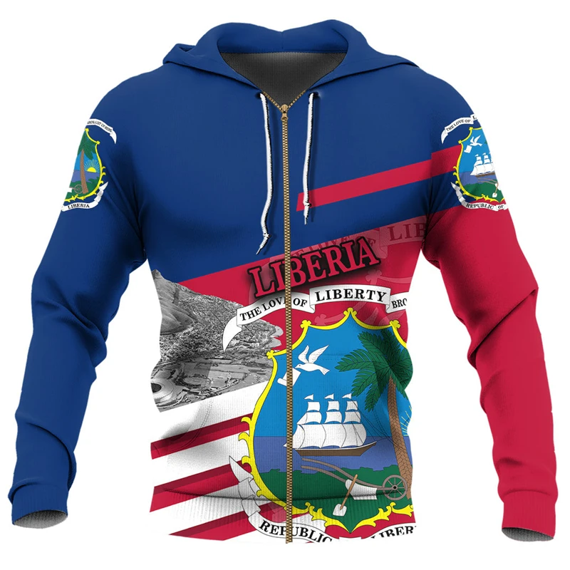 Liberia Flag Map Graphic Sweatshirts LR National Emblem Zip Up Hoodie For Men Clothing Casual Male Hoody Sport Kids Pullovers