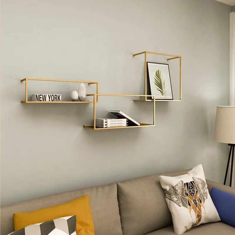 Small apartment household background decorative frame Nordic simple gold wall shelf