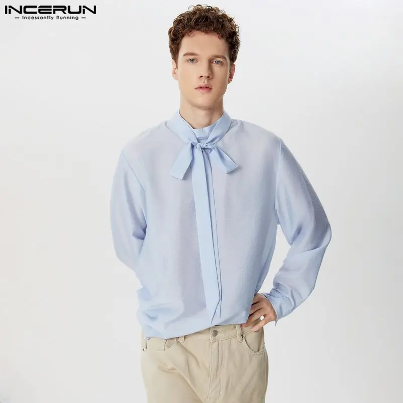 INCERUN Men Shirt Solid Color Stand Collar Long Sleeve Transparent Casual Men Clothing Streetwear 2024 Loose Fashion Camisas