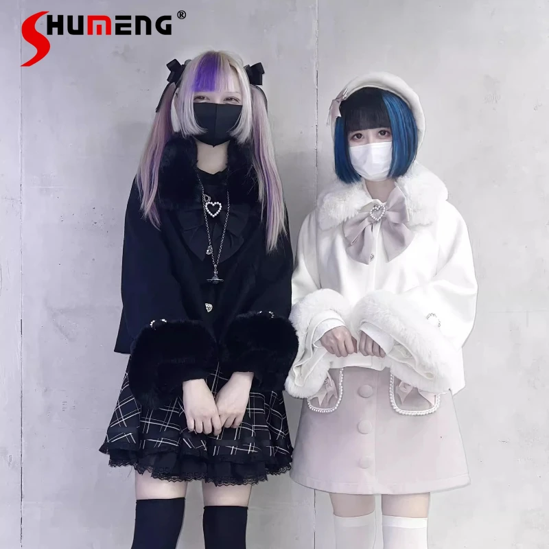 

Japanese Subculture Mine Plush Warm Short Jacket Autumn Winter 2025 Girls Sweet Bow Faux Fur Collar Coats Women Lolita Jackets