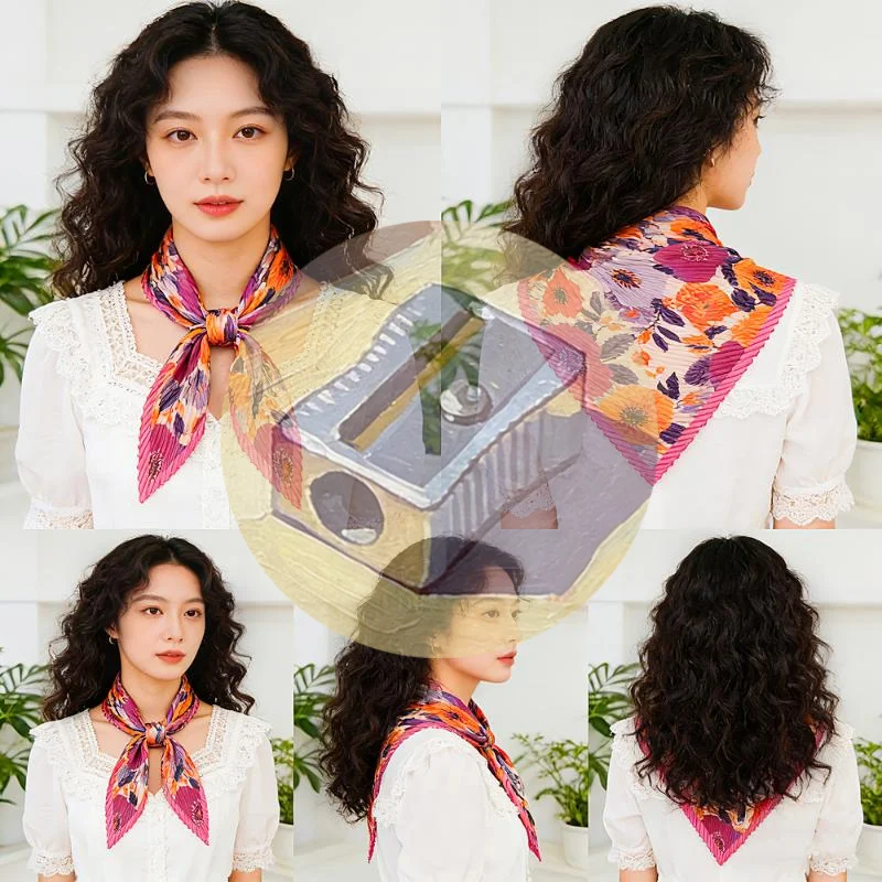 

▪Rhombus Pleated Women's Silk Flower Printing Scarf Retro Neck Scarf Decorative Bandana Fashionable Accessory