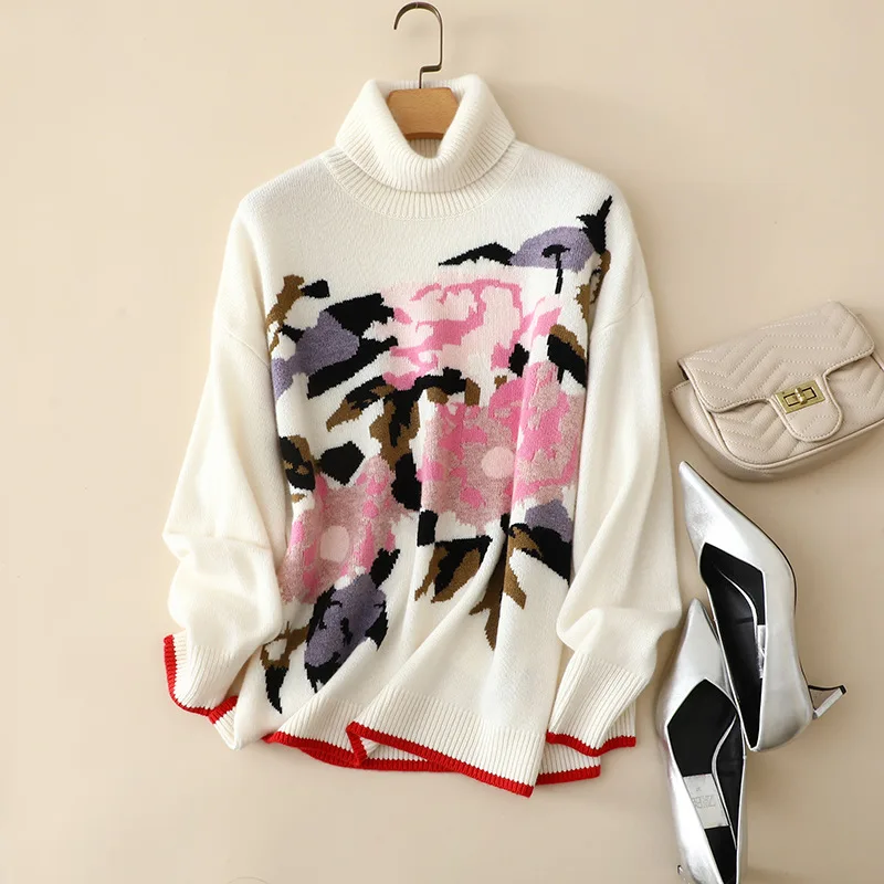 masigoch europe winter thick fashion Peony embroidery luxury 100% cashmere turtleneck sweater jumper