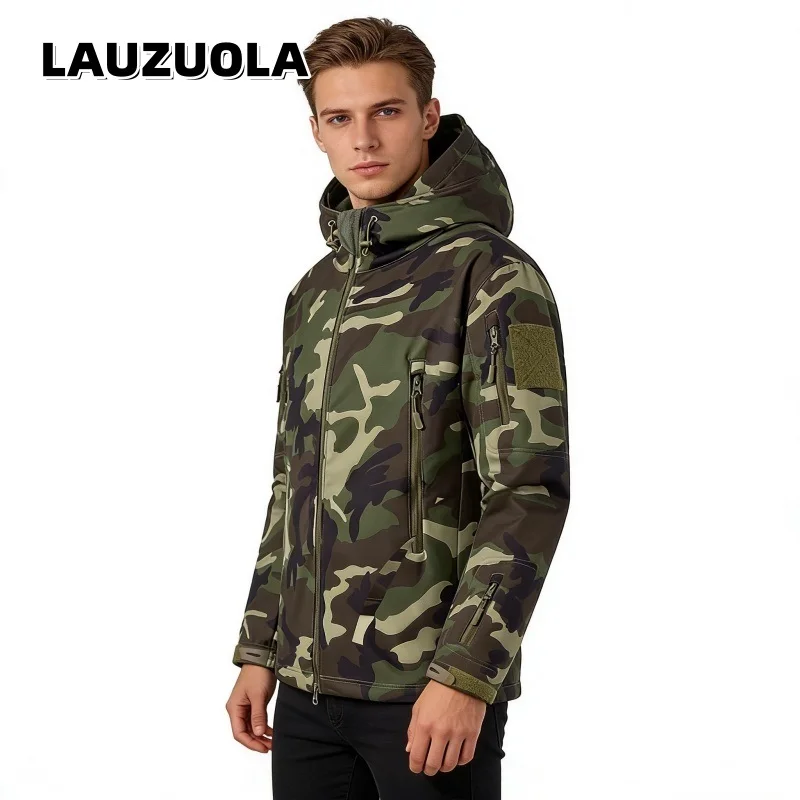 Jaqueta Masculina Camuflada Impermeável 2026 Nova Moda Multibolsos com Capuz para Atividades ao Ar Livre, Jaquetas Softshell para Caminhada e Caça