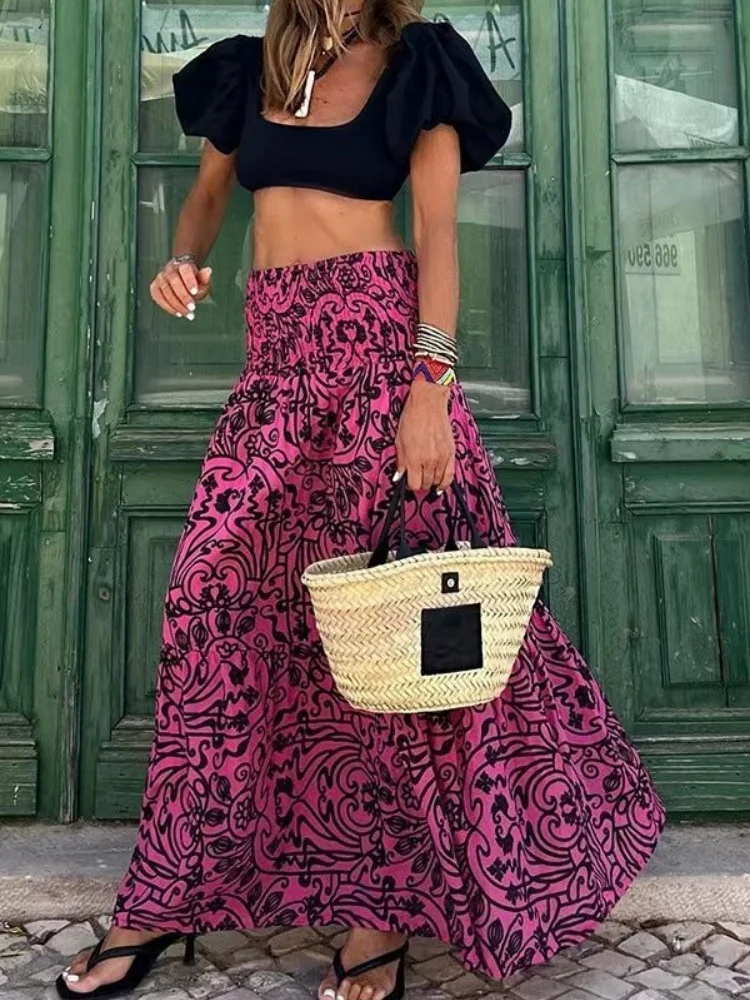 Summer Women'S Elegant, Fashionable, Casual Plus Size Bohemian Vacation Beach Style Printed Elastic Waist High Waist Half Length