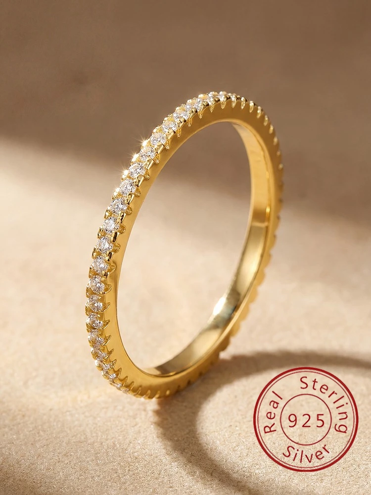 Personalized Fashion Shiny 1.4mm Full Zircon Stackable Plain Ring For Women 925 Sterling Silver Daily Party Fine Jewelry