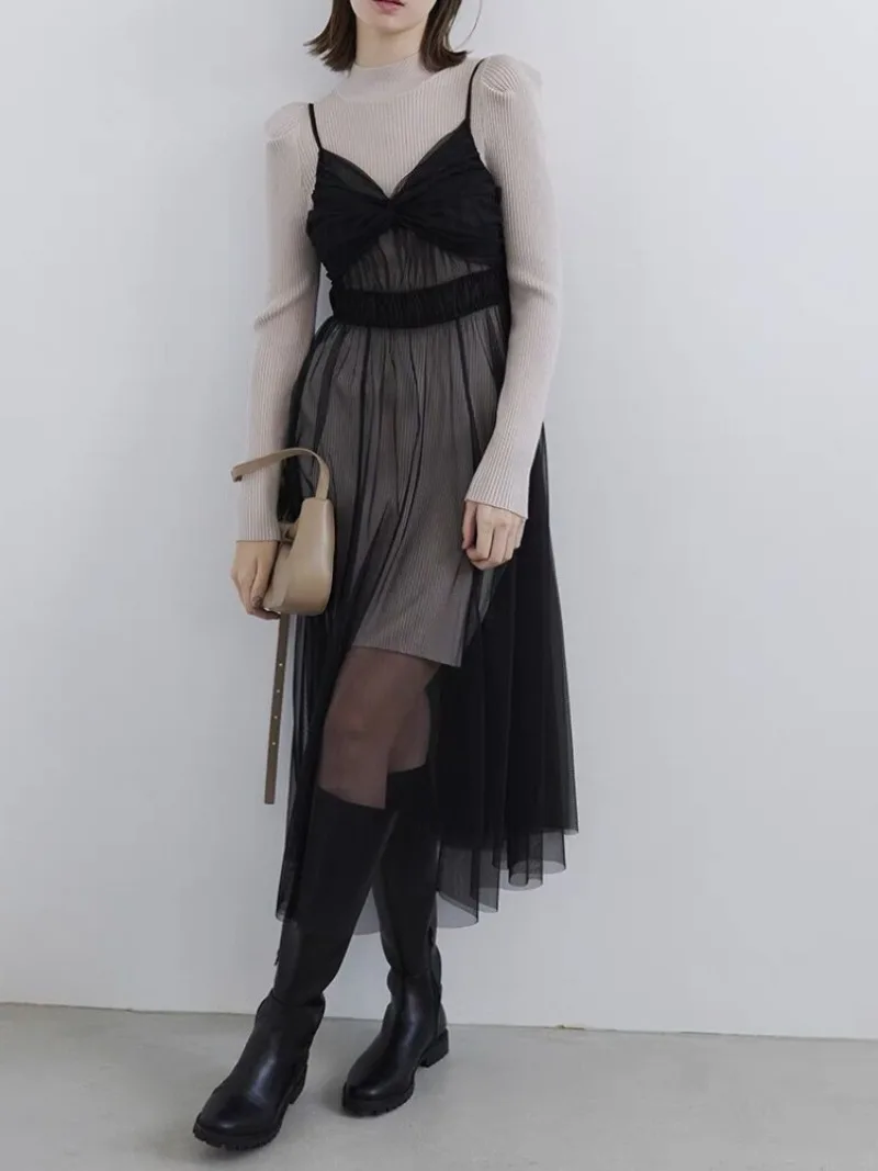 Japan Style Chic Elegant Two Piece Sets Solid Slim Knit Pullovers Sweater Mesh Slip Dress Women Suit 2024 Spring New Vestidos