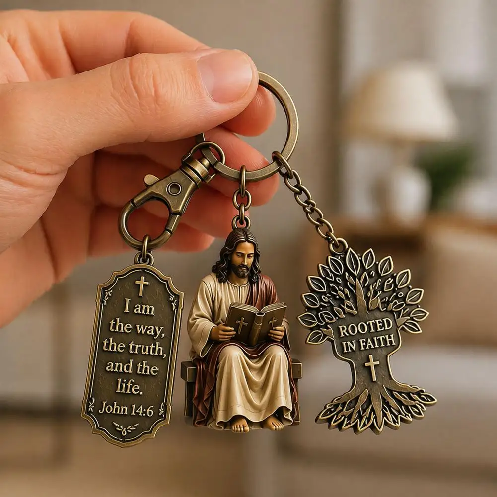 Keychains 3-in-1 Jesus Reading Keychain Vintage Scripture Charm Christian Car Key Ring Handbag Accessory Gift 3-in-1 Keychain