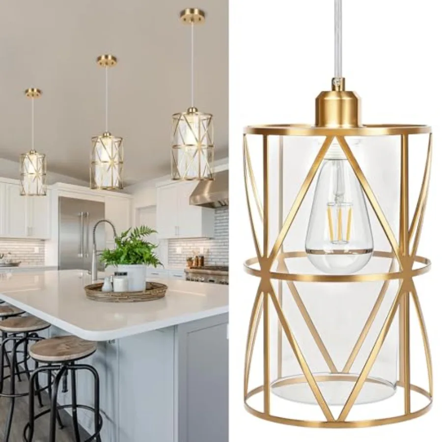 

Brushed Gold Pendant Light 7"×10" Dual-Shade Kitchen Island Lighting with Clear Glass Shade E26 Adjustable Height 1"-61" UL Lis
