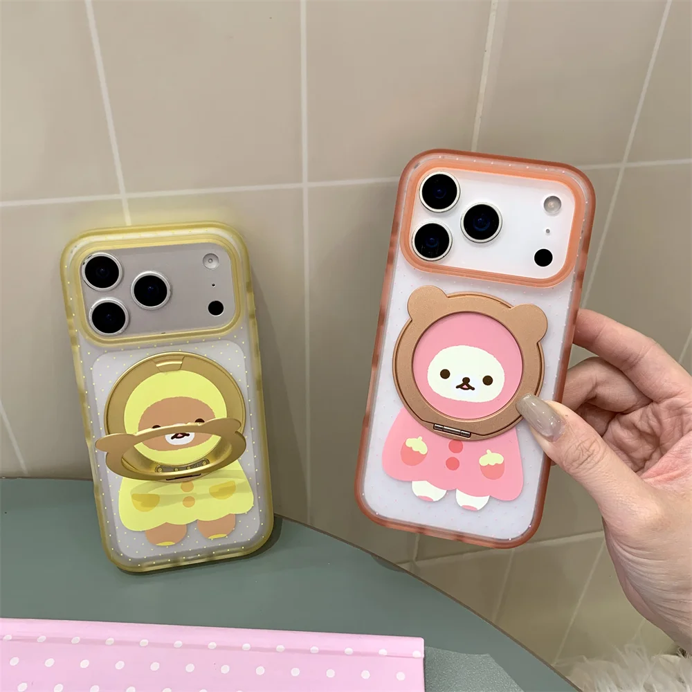 

Korean Cute Rilakkuma Cartoon Phone Case for iPhone 16 Pro Max 17 Max 16 15 Pro Funda Cover with 360 ° Rotate Stand Kawaii Cases
