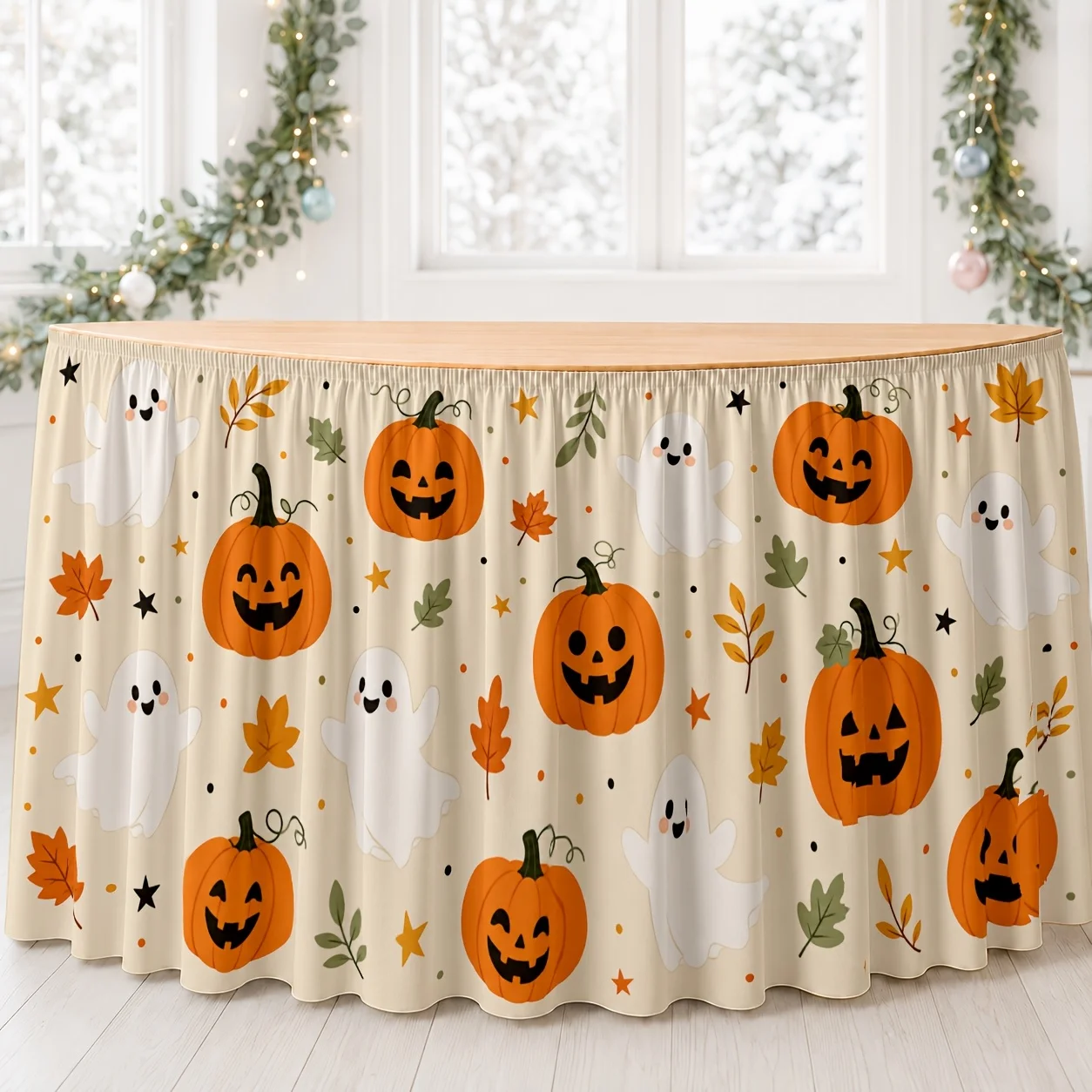 Halloween-themed pumpkin ghosts and autumn leaves pattern tablecloth and table skirt for the party