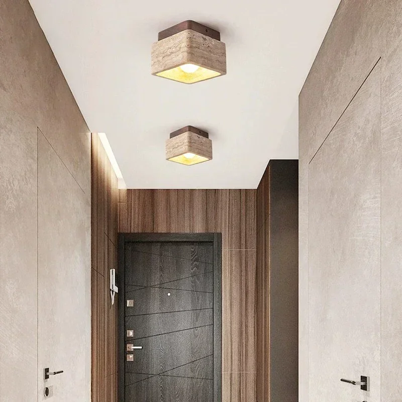 

2025 Square Stone Travertine Ceiling Lamp For Bedroom Corridor Foyer Hallway Staircase Walnut Wood Ceiling Indoor Lighting Fixtu
