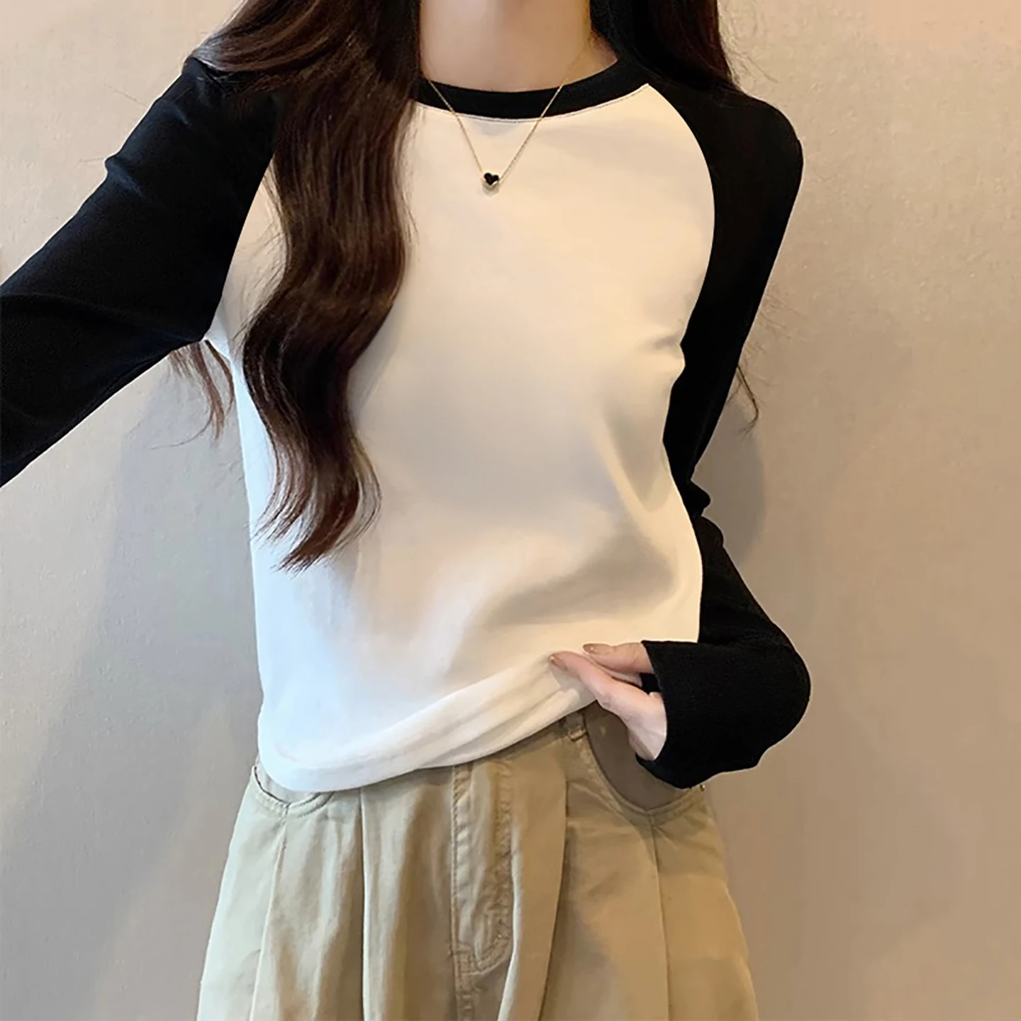 Women's Long Sleeve T-Shirt Shoulder Insert Splicing Color Block Inner Wear Base Top Casual Style Universal Fit Loose Fit