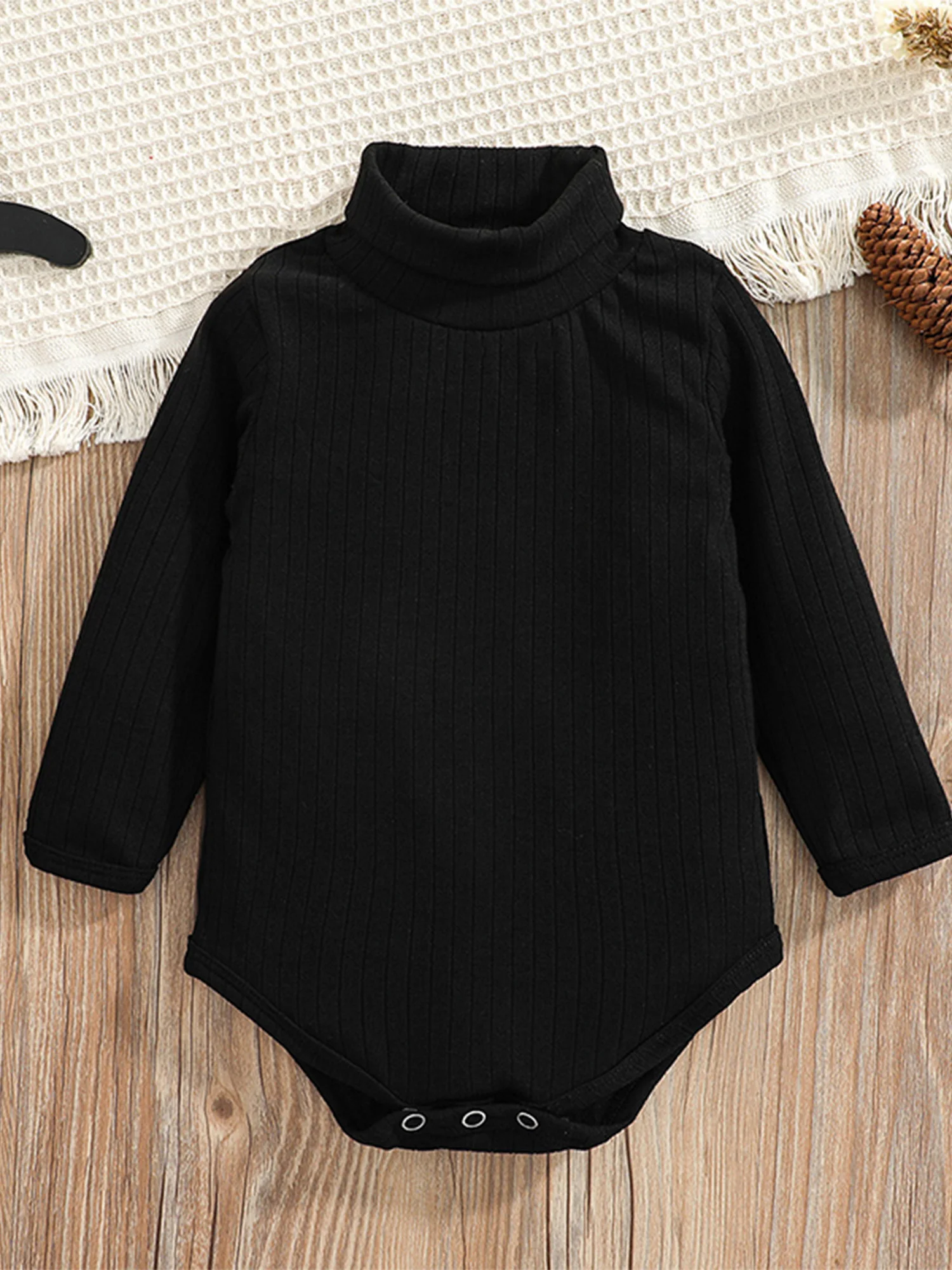 Cozy and Chic Baby Girl Knit Romper with Long Sleeves Solid Turtleneck and Ribbed Design - Perfect for Fall and Winter