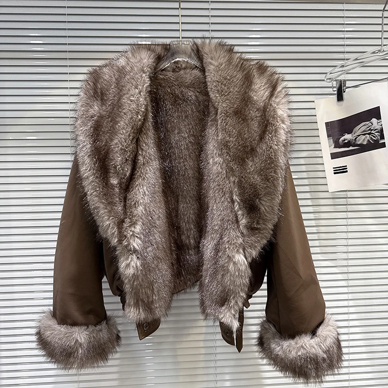 الشتاء كبير الفراء طوق بولي Leather سترة جلدية المرأة طويلة الأكمام ملابس خارجية دافئة غير رسمية الإناث الصلبة المغطاة زر سترات قطنية فضفاضة #6