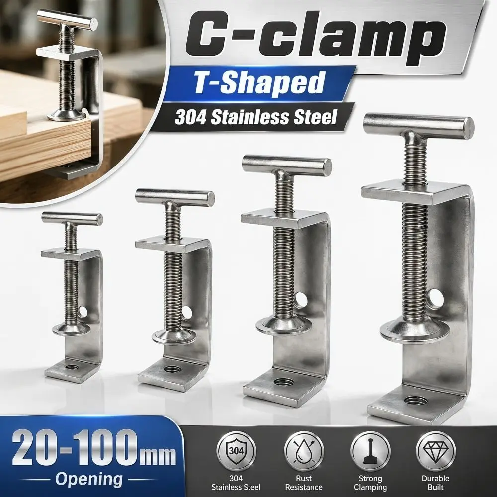 1pc 304 Stainless Steel C-clamp Adjustable T-Shaped Square Clamp Sturdy 20-100mm Opening Fixed Holder Clip Hardware Fasteners