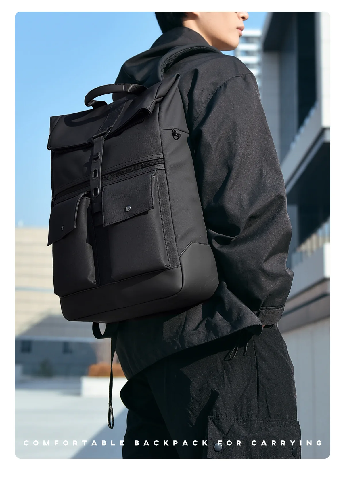 Folding Roll-Top Backpack for Men,Outdoor Travel Leisure Bag,Large Capacity Commuter Daypack with Padded Laptop Compartment