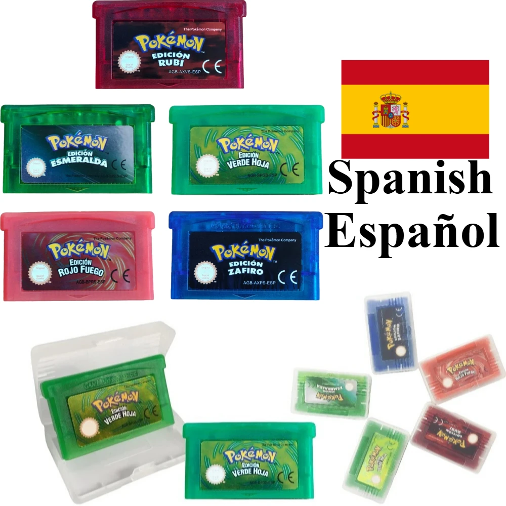 5 Styles España GBA Game Pokémon Series 32 Bit Video Game Cartridge Console Card Pokémon Emerald FireRed Ruby LeafGreen Sapphire