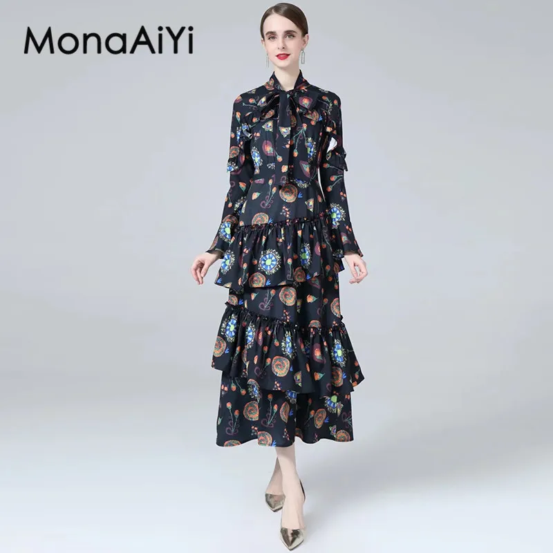 MonaAiYi Autumn Women's Ball Gown Dress Stand Collar Lace-Up Long Sleeved Flounced Edge Fashion Print Temperament Dresses