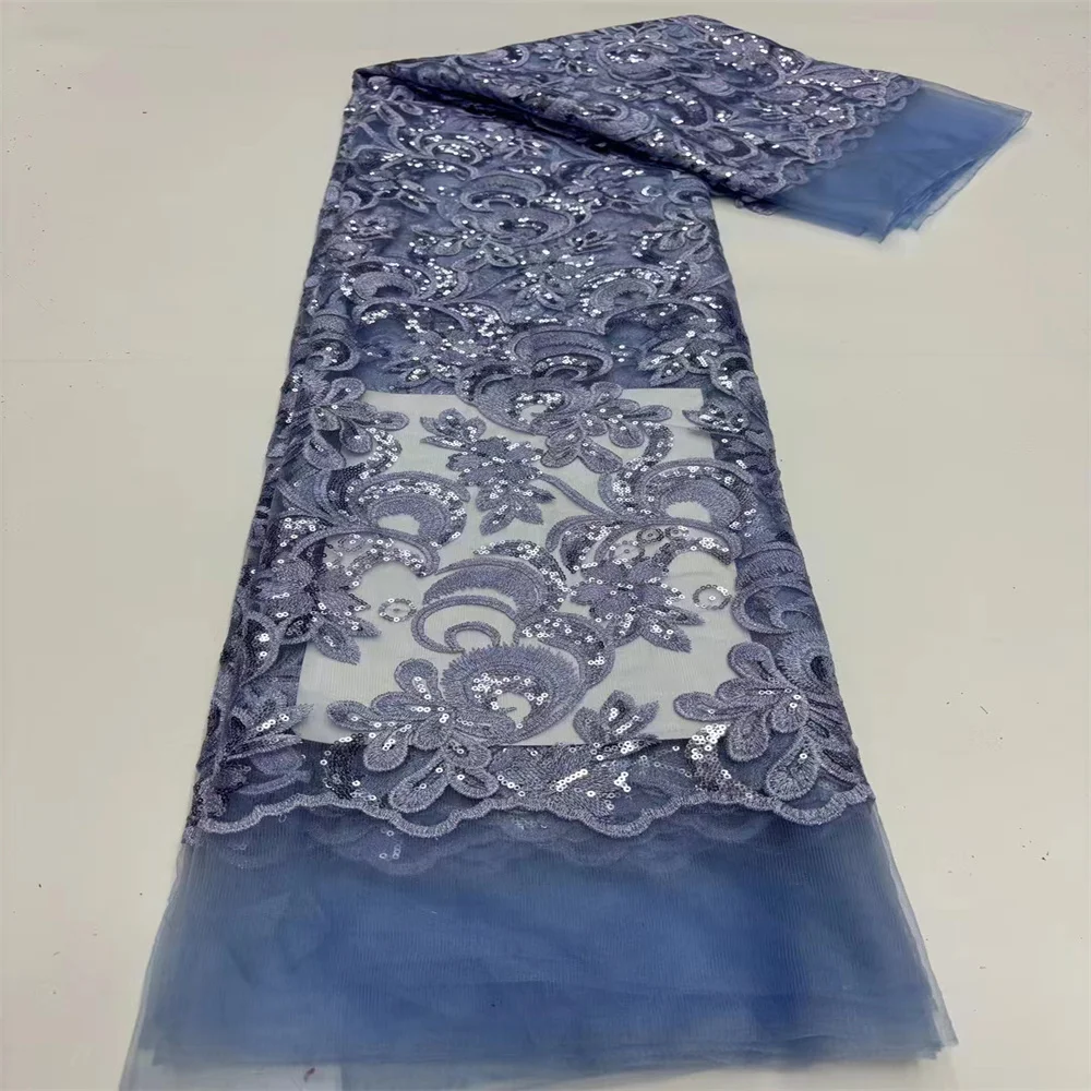 

African Lace Fabric 5 Yards with Sequins High Quality 2023 French Tulle Embroidery Mesh Material For Nigerian Lace jf-130