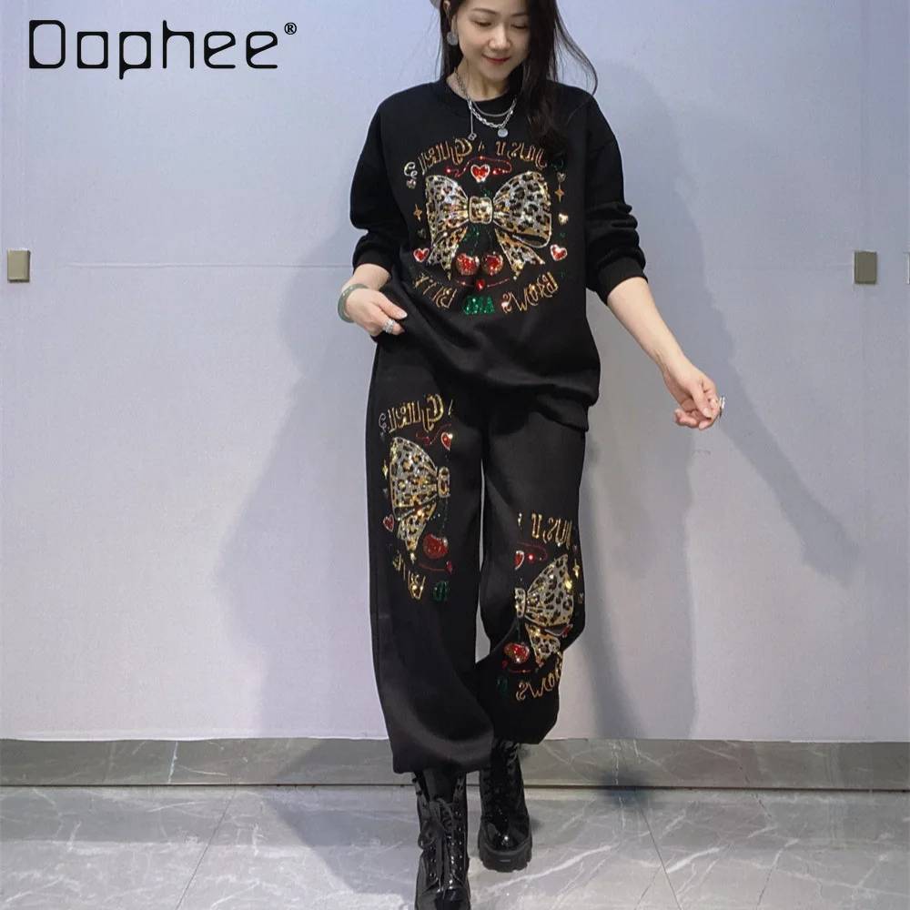 Set Sportivo da Donna Primavera-Autunno con Felpa a Collo Tondo e Maniche Lunghe, Pantaloni Jogger e Strass