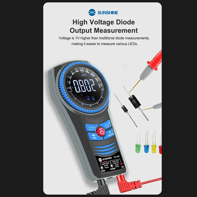 Sunshine DT-24R Rotary Dial Automatic Range Multimeter Digit Color Screen Display AC DC Voltage Measurement Phone Repair Test