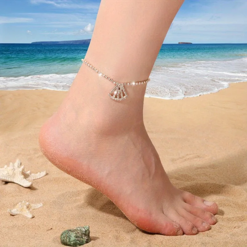 

Fashion Creative Hollow Shell Full of Shiny Zirconia Anklet Female Elegant Temperament Beach Party Jewellery Accessories